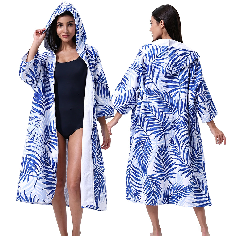 Unisex Hooded Towel Poncho Swim Parka for Adults - Blue Leaf