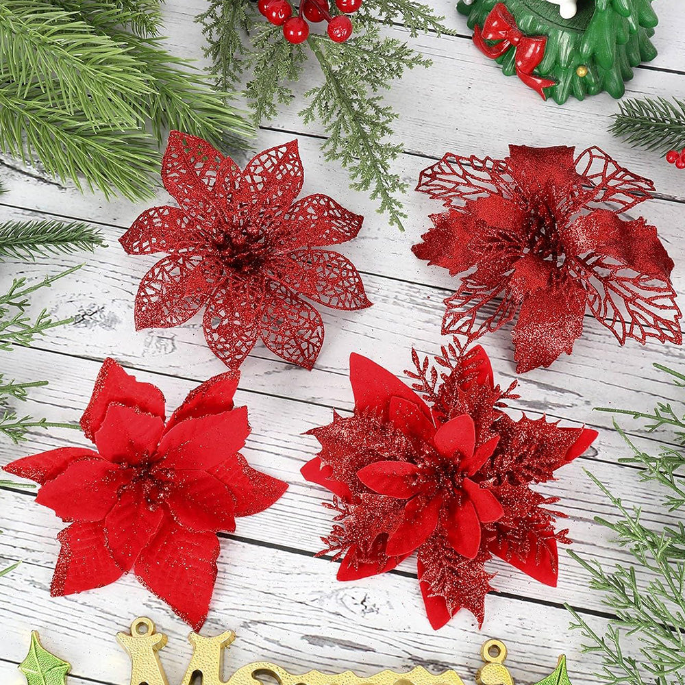 24Pcs Artificial Flowers Christmas Tree Ornaments for Wreath Fireplace Stairs Decor Red