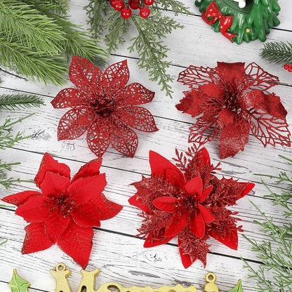 24Pcs Artificial Flowers Christmas Tree Ornaments for Wreath Fireplace Stairs Decor Red