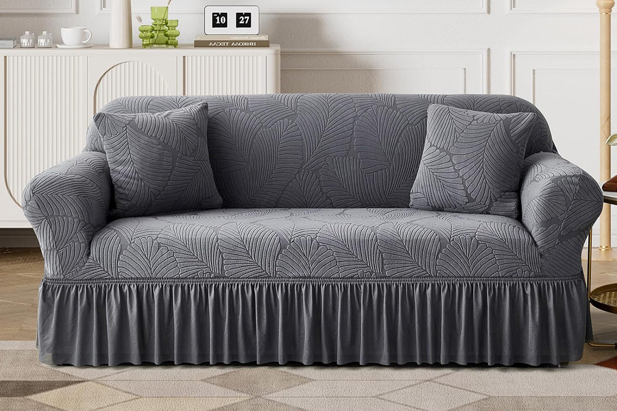 Sofa Cover with Skirt Stretch Sofa Slipcover Non-Slip Soft Couch Cover -Dark Grey