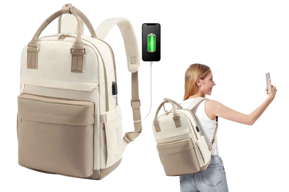 Oxford Laptop Backpack With USB Port For 16Inch Laptop Fashion Water-Resistant Backpack-Khaki And Beige