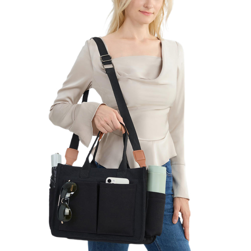 Large Canvas Tote Bag for Women Laptop Work Book Bags Crossbody Handbag Shoulder Travel Gym Bag Black