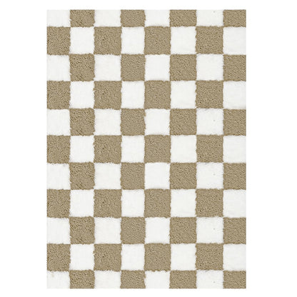Checkered Plush Shaggy Rug Thickened Non Slip Carpet for Living Room Bedroom-Khaki