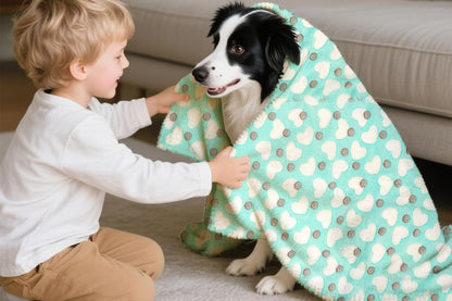 107x75cm Fluffy Fleece Dog Blanket Mat Paw Print Puppy Kitten Throw Blanket -Green