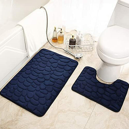 3 Piece Set Bathroom Mats Pebble Pattern Floor Mat Navy