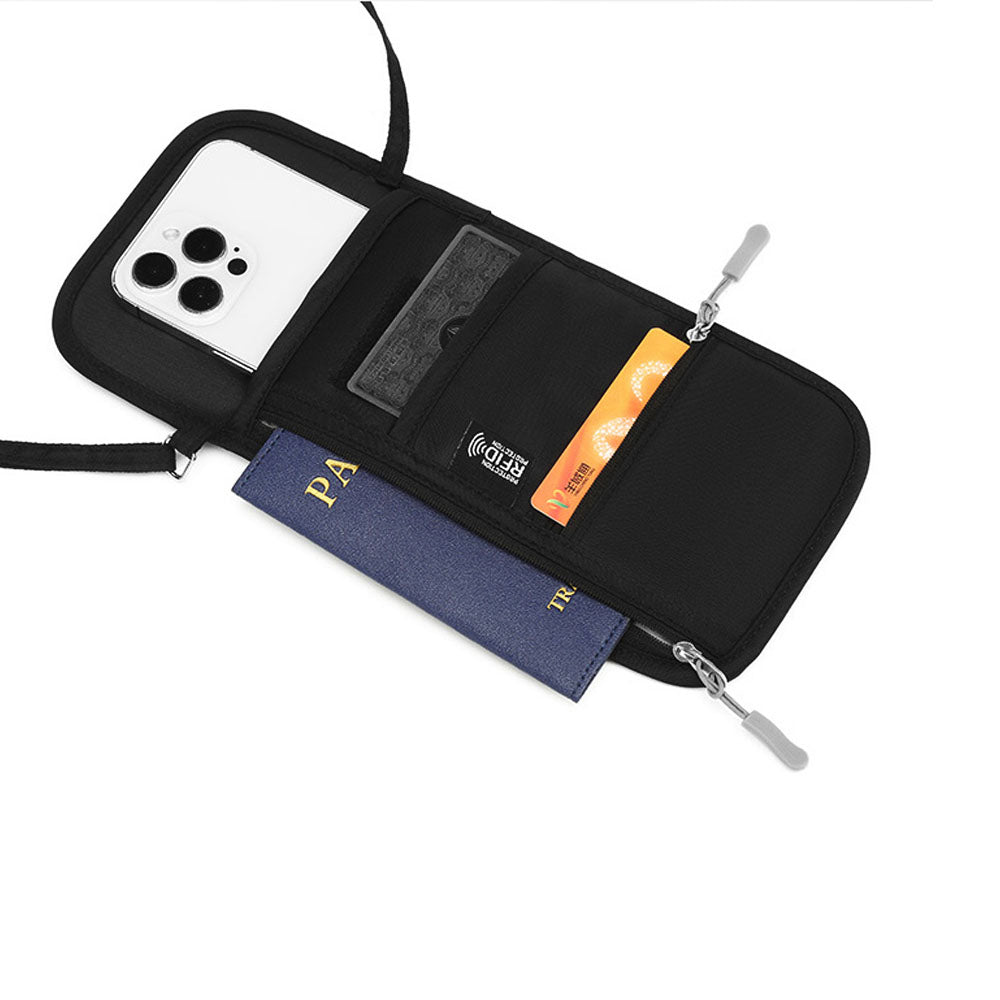 RFID Lined Travel Passport Holder Neck Wallet- Black