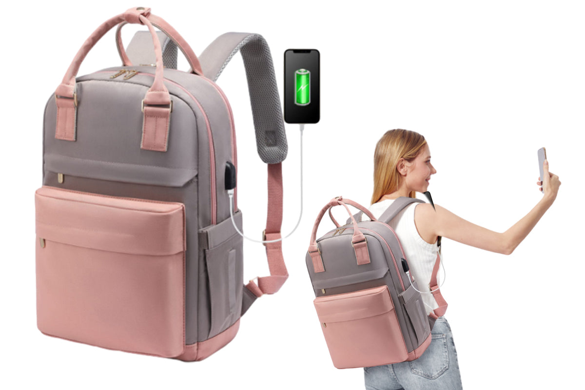 Oxford Laptop Backpack With USB Port For 16Inch Laptop Fashion Water-Resistant Backpack-Pink And Gray