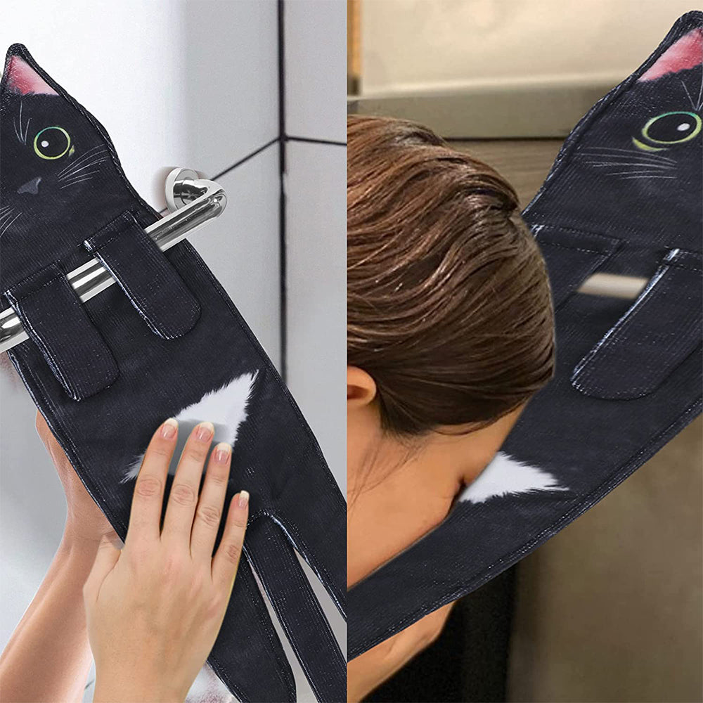 Cute Cat Quick-Dry Hanging Hand Towels Decorative for Bathroom Kitchen-Black