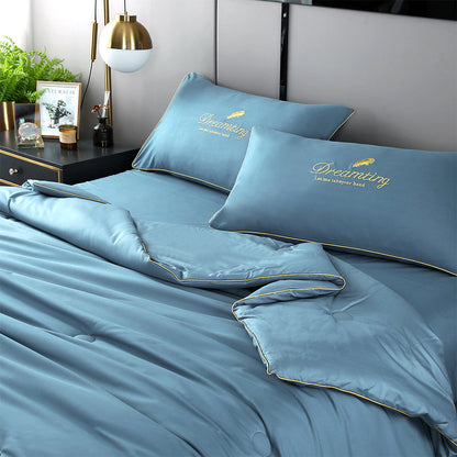 4 Pieces Set Summer Cool Feeling Bedding Set Air Conditioning Comfy Comforter Pillowcase Bed Sheet Blue