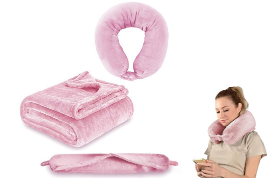 2 in 1 Travel Blanket and Pillow Flannel Blanket with Neck Pillow Case for Airplane Camping-Pink