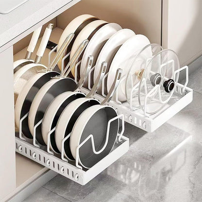Vertical Pull Out Organizer for Pots and Pans Sliding Storage Rack with Dividers for Kitchen White