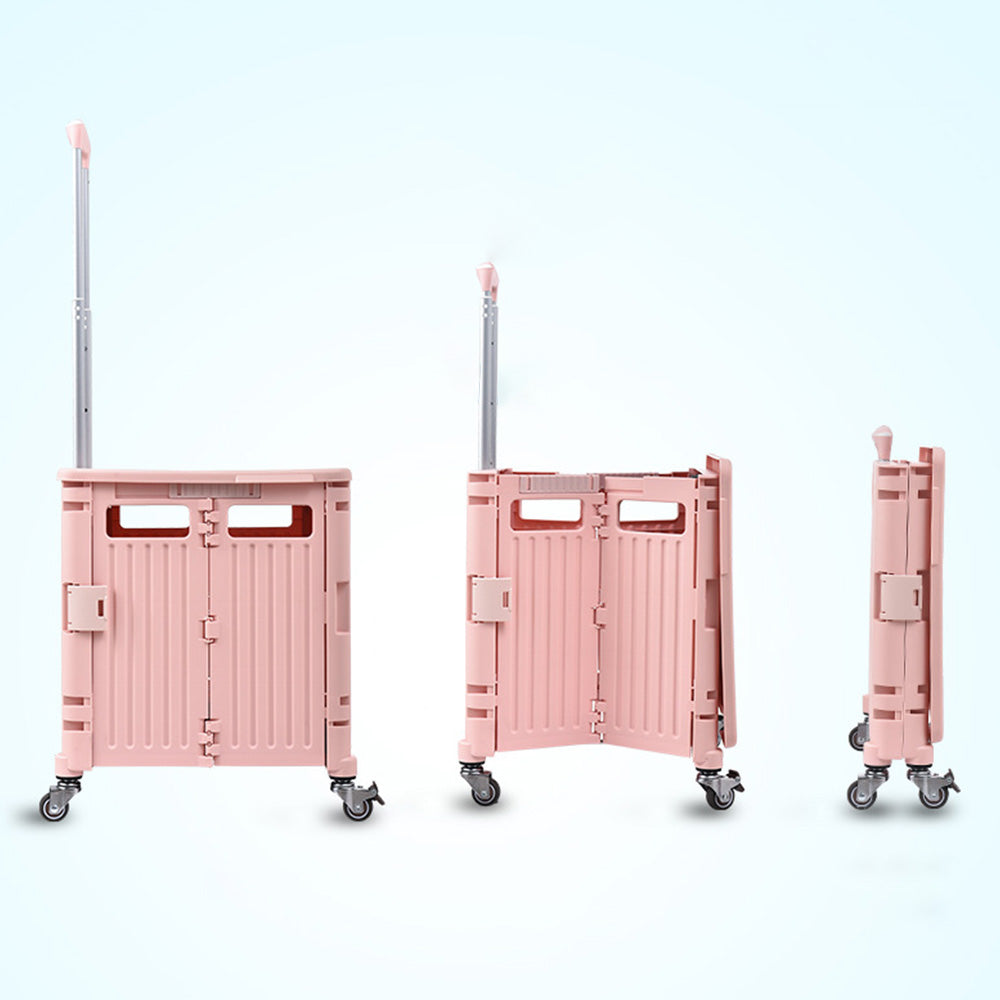 65L Folding Utility Cart Portable Rolling Crate Handcart Shopping Trolley with Lid Pink
