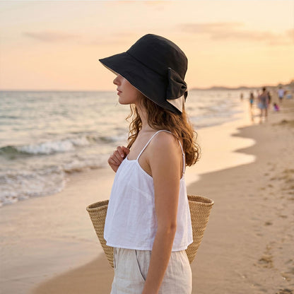 Wide Brim Bow Sun Hat Foldable Breathable Hat for Women - Black