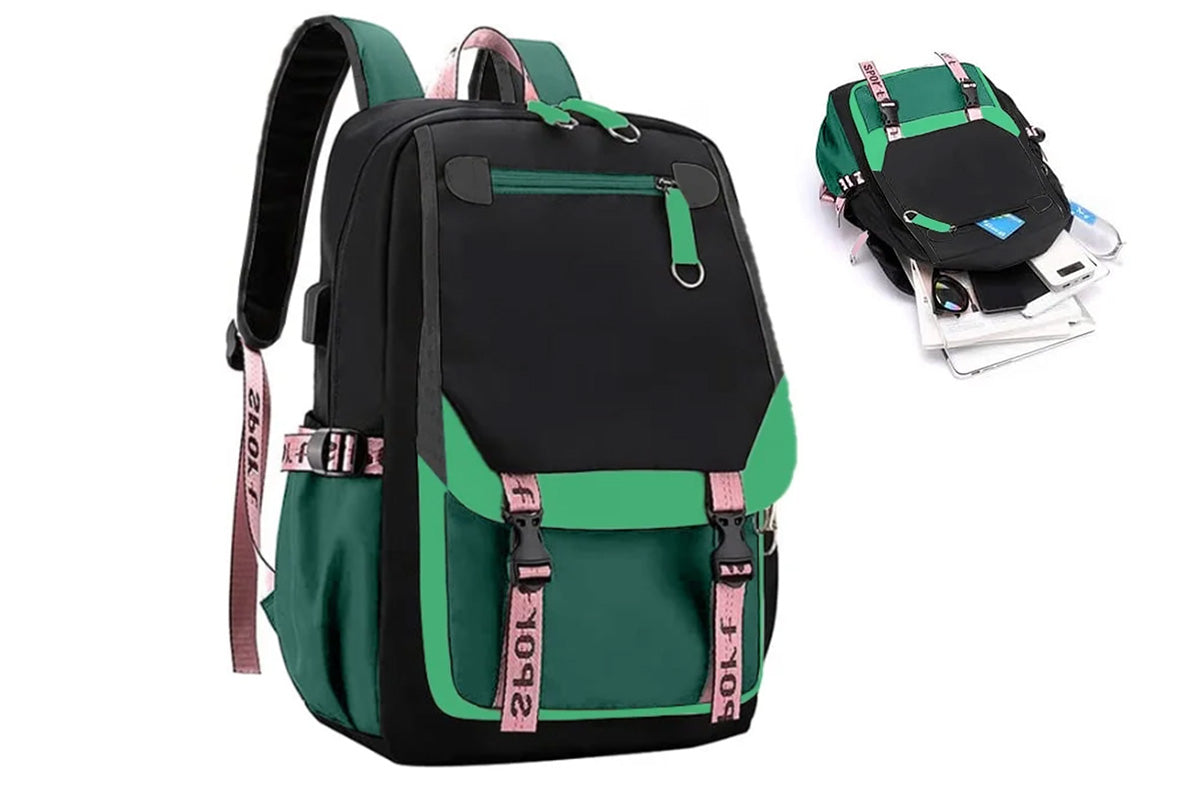 Girls Backpack Middle School Students Bookbag with USB Charge Port-Green