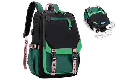 Girls Backpack Middle School Students Bookbag with USB Charge Port-Green
