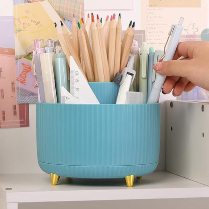 360 Degree Rotating Desk Organizer with 4 Slots For Pencil and Pen Holder-Blue