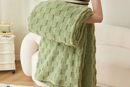 Soft Fleece Throw Blanket Checkered Jacquard Throw Blanket for Couch Bed-Green