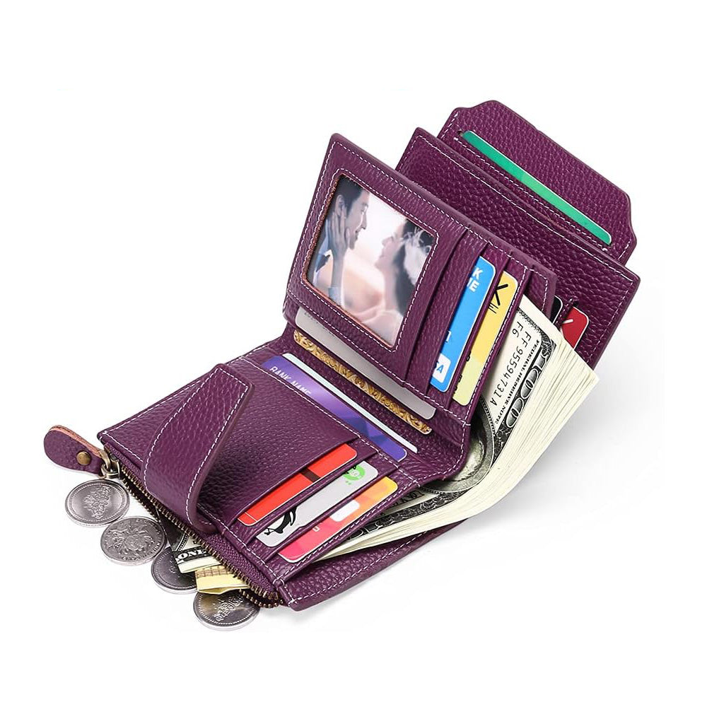 Genuine Leather Women's Wallet Short RFID Blocking Purse with Zipper Purple