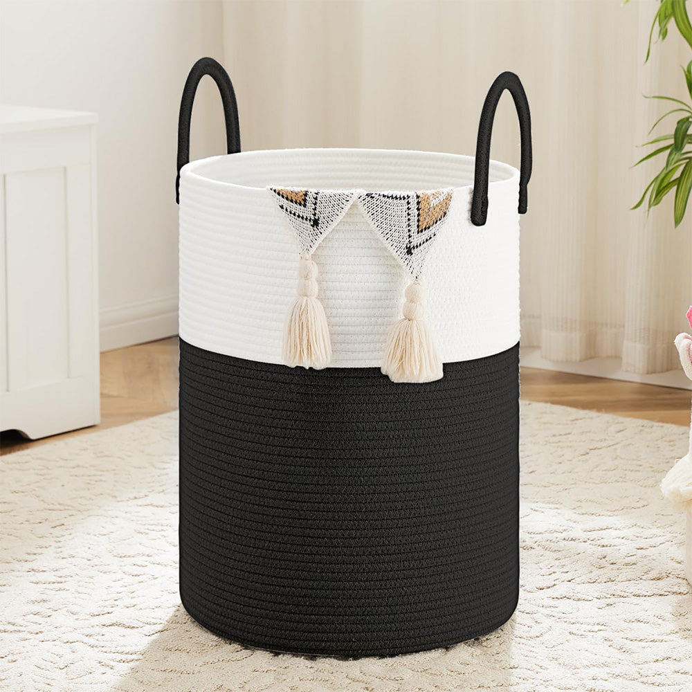 Large Woven Laundry Basket Cotton Rope Hamper for Laundry Toys & Blankets-Black