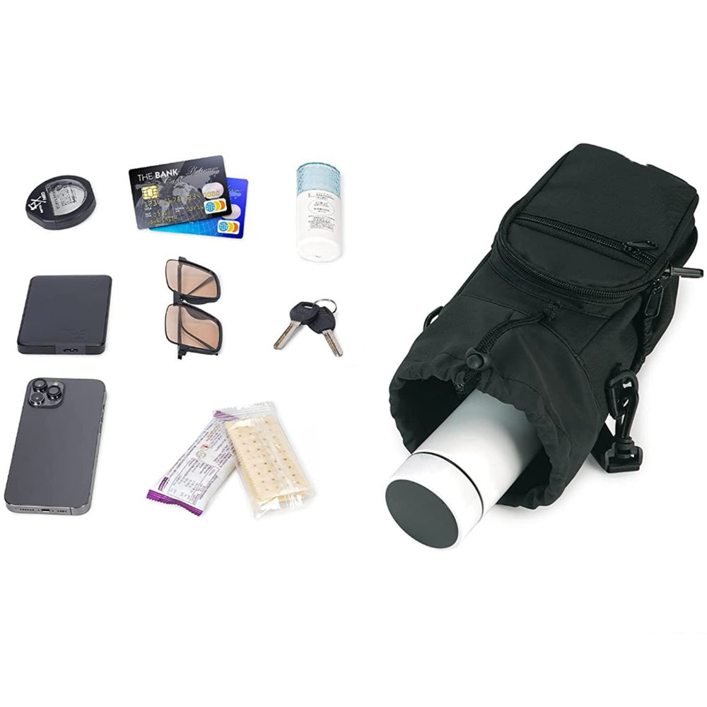 Multi-pocket Water Bottle Sleeve with Adjustable Strap Insulated Bottle Carrier Sling Bag for Walking Hiking Black