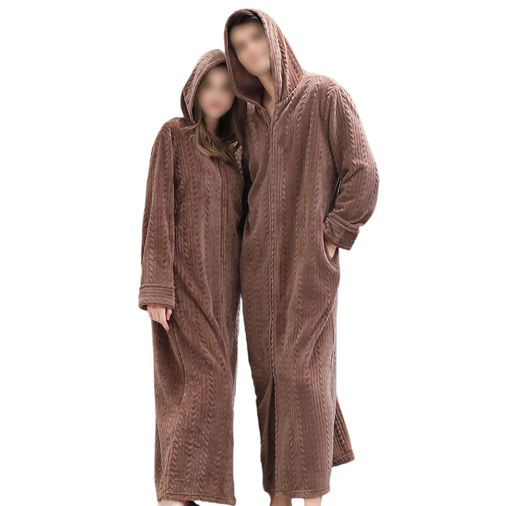 Unisex Bathrobe Fleece Robes Winter Warm Nightgown Sleepwear Pyjamas-Coffee