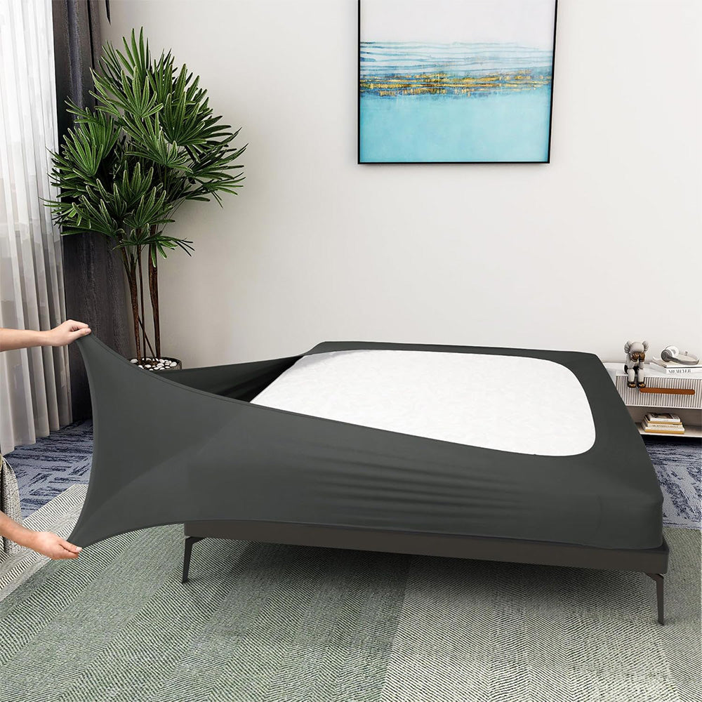 Elastic Box Spring Cover Stretchy Wrap Around 4 Sides Bed Skirt for Hotel Home -Grey