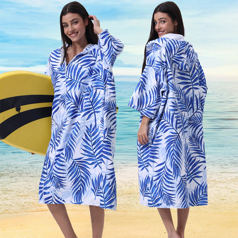 Unisex Hooded Towel Poncho Swim Parka for Adults - Blue Leaf