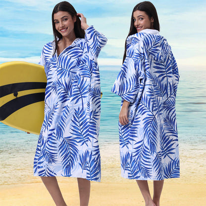 Unisex Hooded Towel Poncho Swim Parka for Adults - Blue Leaf