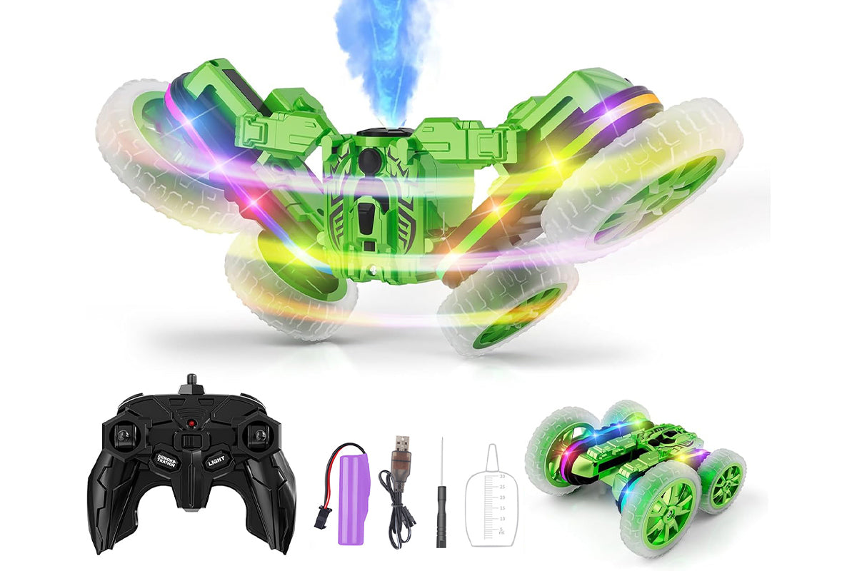Remote Control Car 360 Degree Rotating RC Cars with Cool Spray 2.4Ghz Double Sided RC Stunt Car with Cool Lights-Green