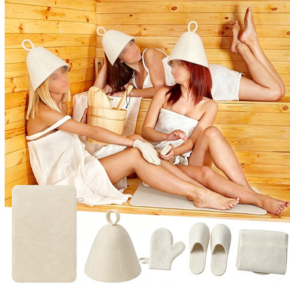 5Pcs Sauna Felt Kit with Hat and Gloves-White