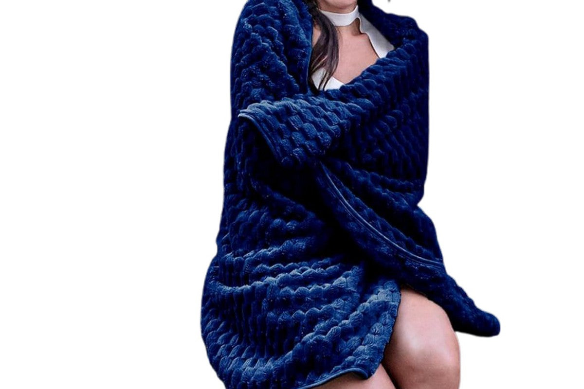 2 in 1 Jacquard Travel Pillow and Blanket Set Packable Travel Blanket for Airplane Car -Navy