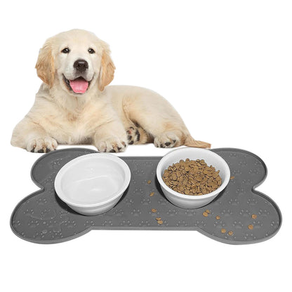Dog Food Mats for Floors Waterproof Silicone Dog Bowl Mat with Raised Edge Grey