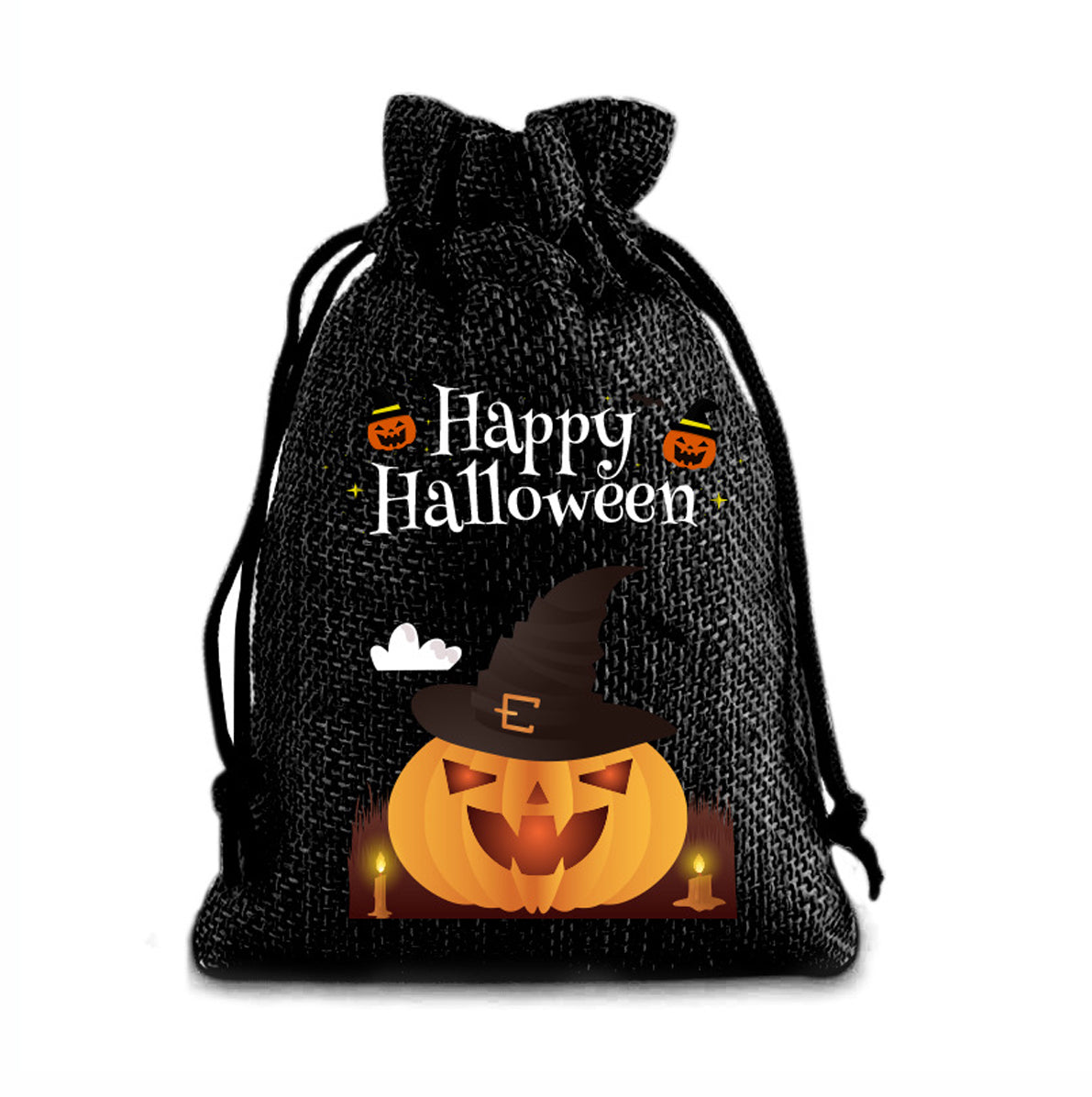 12 Pack Halloween Burlap Drawstring Gift Bags with Pumpkin Ghost Designs - Black