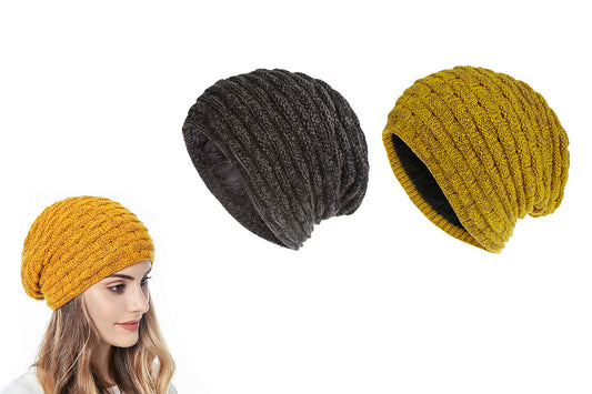 2Pcs Men Women Unisex Winter Warm Fleece Lined Slouchy Knit Beanie Hat-Black And Yellow