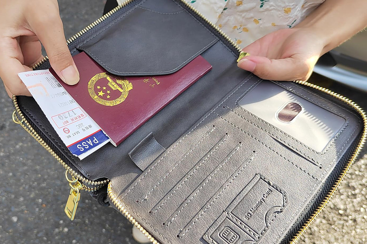 RFID Blocking Passport Wallet PU Document Organizer with Wristlet for Women -Black