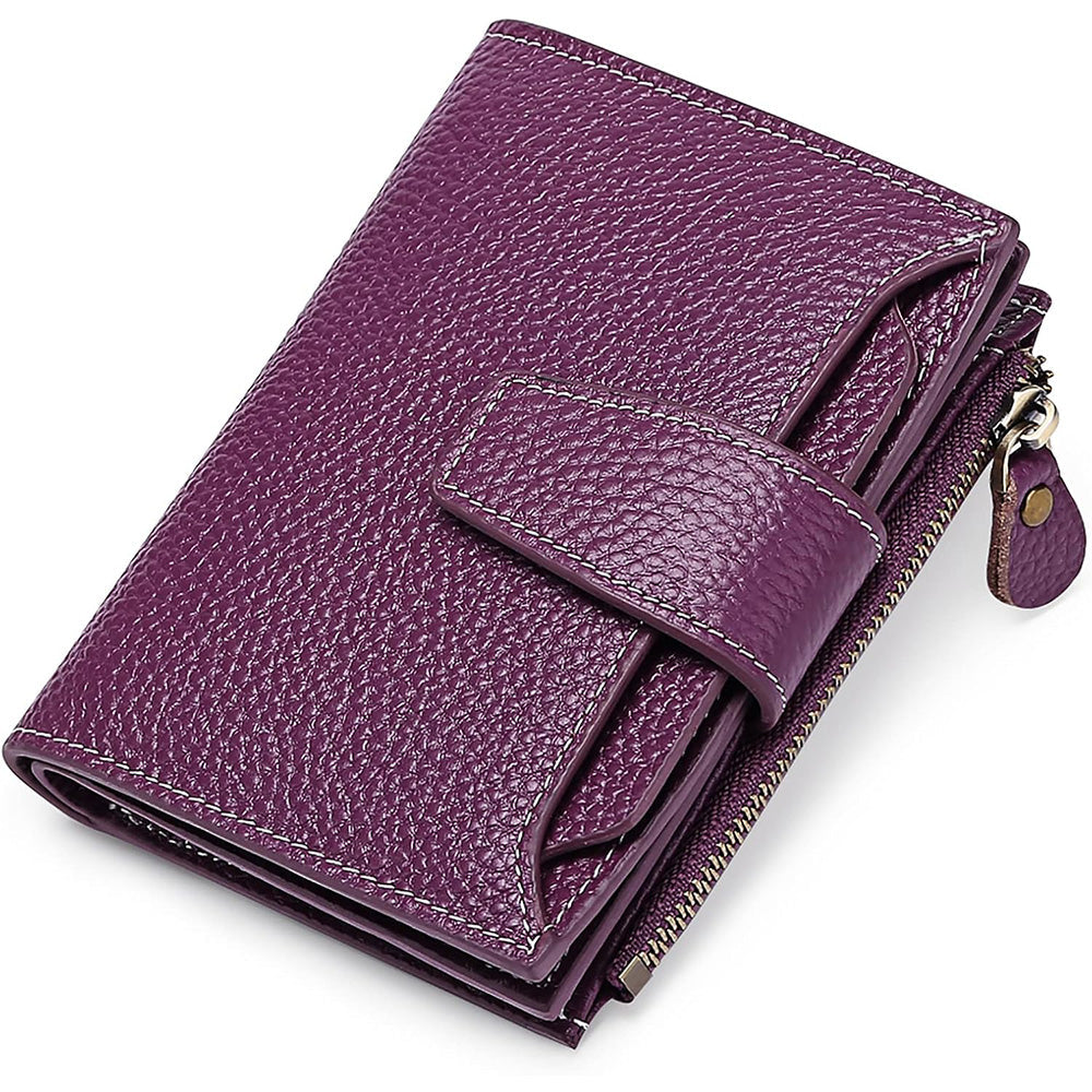 Genuine Leather Women's Wallet Short RFID Blocking Purse with Zipper Purple