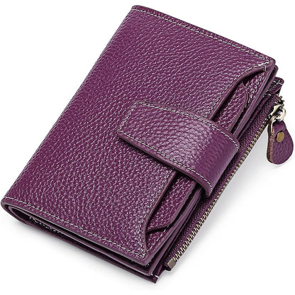 Genuine Leather Women's Wallet Short RFID Blocking Purse with Zipper Purple
