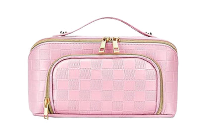 Large Capacity PU Leather Water-Resistant Checkered Cosmetic Bag Travel Makeup Bag-Pink