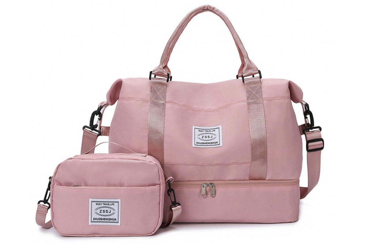 2Pcs Set 35L Travel Duffel Bag Crossbody Bag Shoulder Handbag for Women Men with Shoe Compartment -Pink