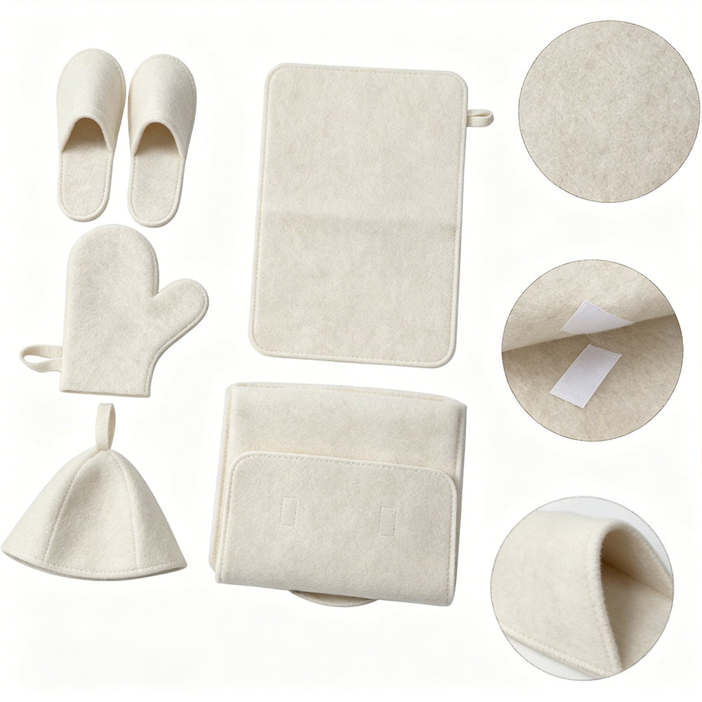 5Pcs Sauna Felt Kit with Hat and Gloves-White