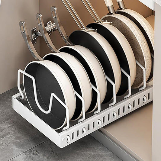 Vertical Pull Out Organizer for Pots and Pans Sliding Storage Rack with Dividers for Kitchen White