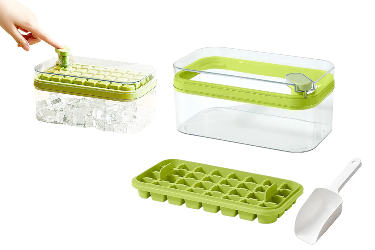 Ice Cube Tray With Lid And Bin For Freezer 64Pcs Ice Cube Mold-Green