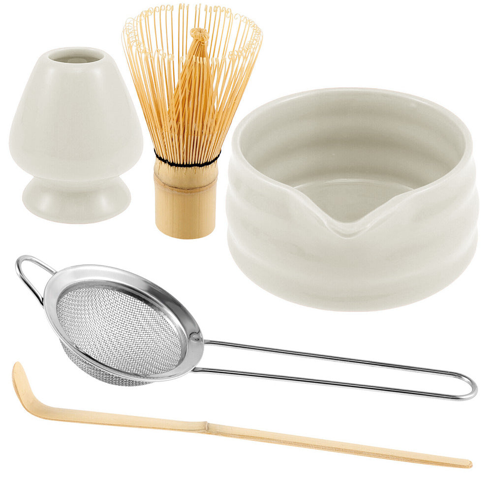 5-Piece Set Traditional Matcha Tea Tools Bamboo Whisk Ceramic Bowl Accessories for Matcha Brewing White
