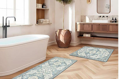 2Pcs Boho Anti-Fatigue Kitchen Mats Non-Slip Cushioned for Kitchen Sink Laundry-Cyan