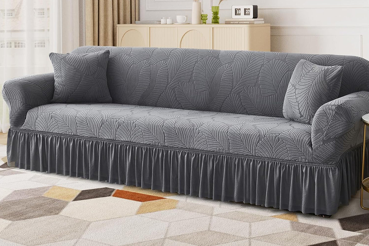 Sofa Cover with Skirt Stretch Sofa Slipcover Non-Slip Soft Couch Cover -Dark Grey