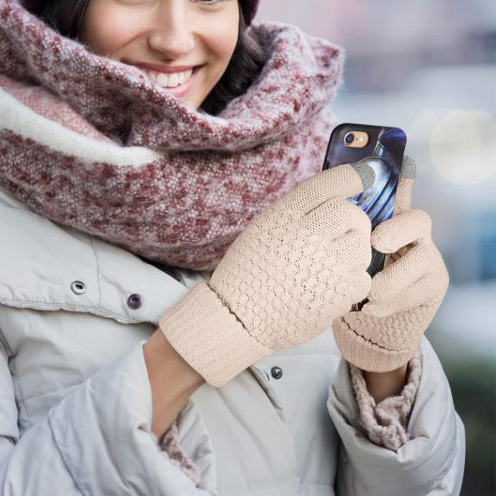 Pair of Winter Thermal Warm Gloves Touchscreen Sports Knit Gloves Beige