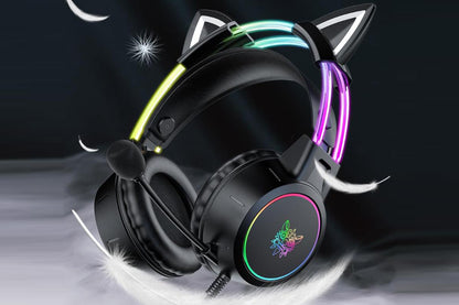 Gaming Headset with Detachable Cat Ears Wired Over LED Ear Headphones with Mic for PC Laptop PS4 PS5 Xbox Switch -Black
