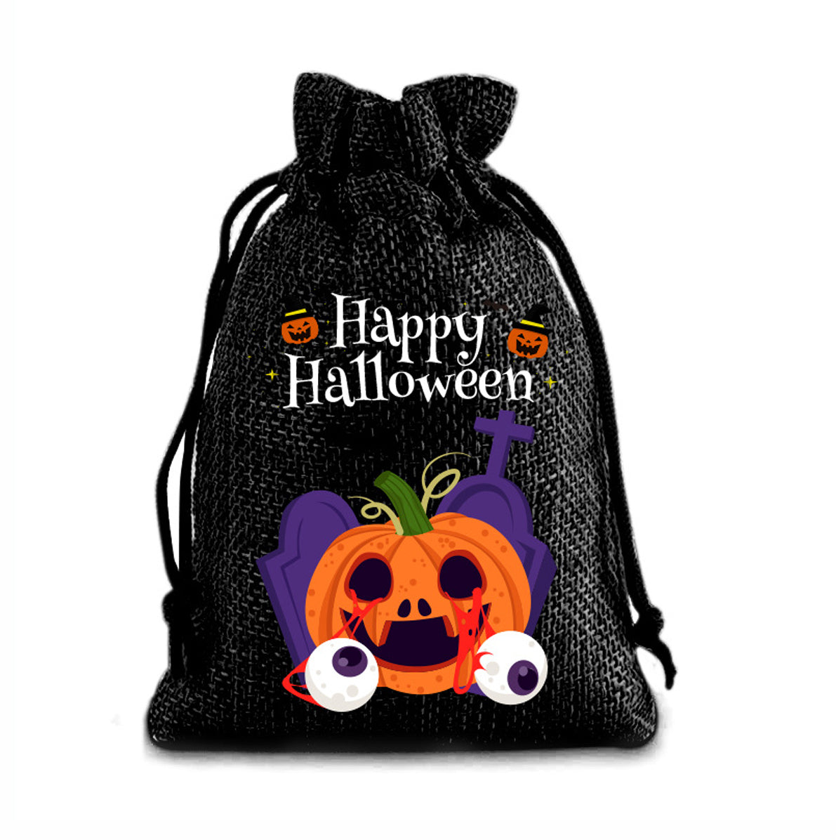 12 Pack Halloween Burlap Drawstring Gift Bags with Pumpkin Ghost Designs - Black