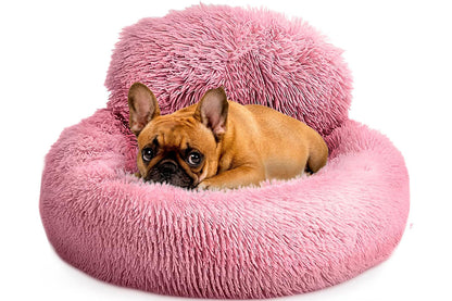 Calming Donut Dog Bed Anti-Slip Fluffy Plush Faux Fur Pet Bed for Most Dogs -Pink