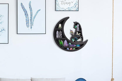 Wooden Shelf Halloween Crystal Display Shelf Decor-Cat in the Moon